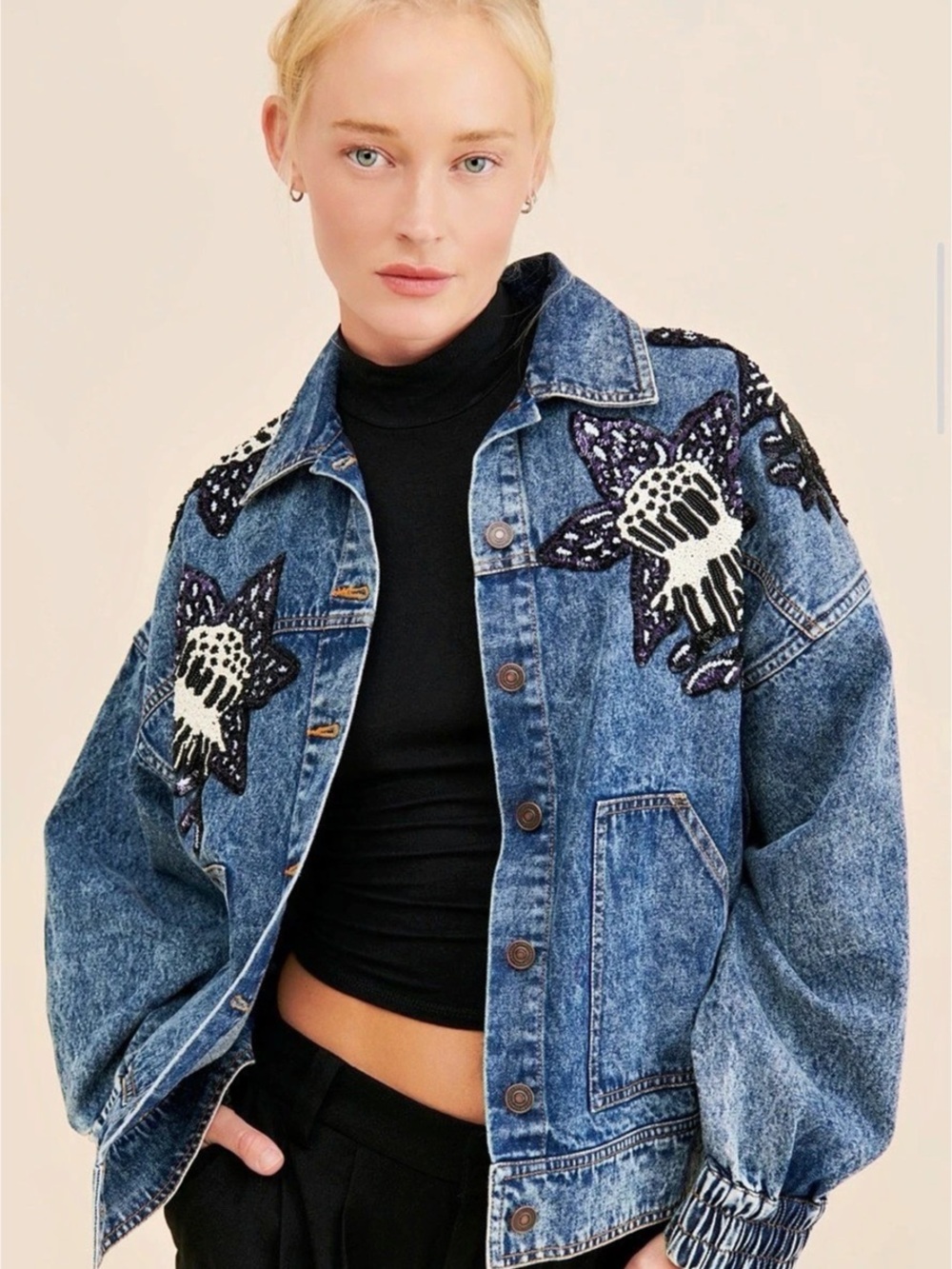 Dhruv Kapoor Embellished Denim Jacket in Blue Size Medium